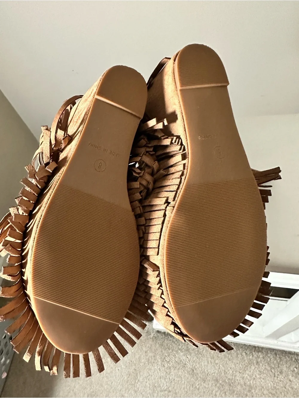 Fringe Platform Slide Sandals in Tan